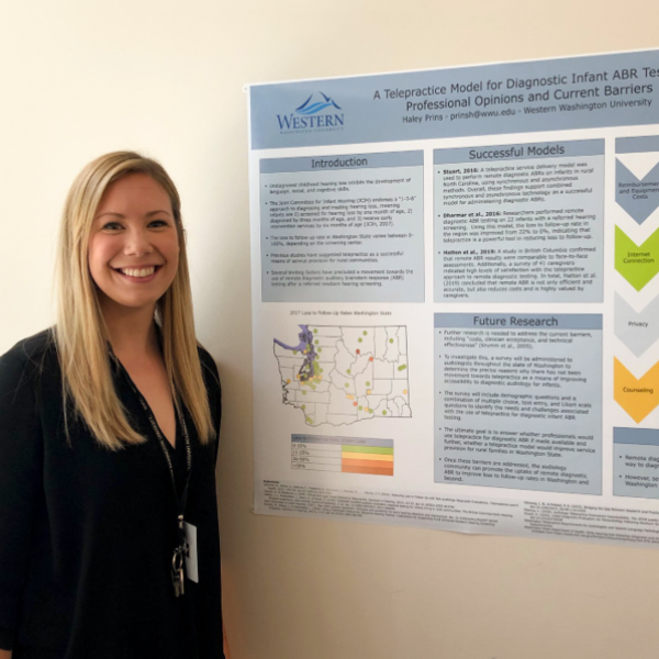 WWU Graduate student clinician Haley Prins standing next to a conference poster with four sections, a map of Washington state, and WWU logo